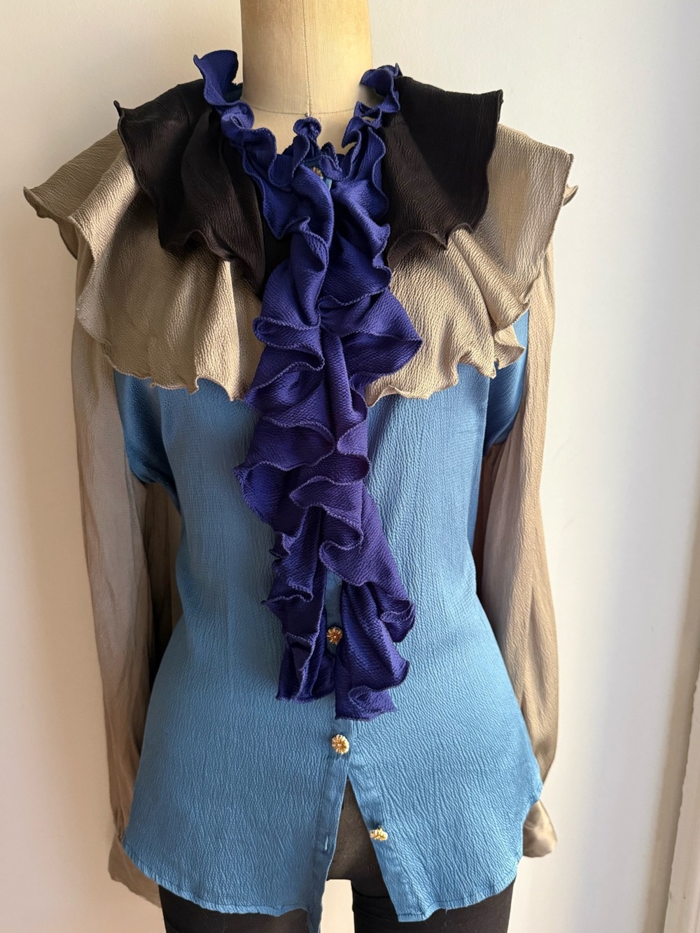 Manoush Paris Silk Ruffle Blouse Blue Colorblock Romantic Button Front